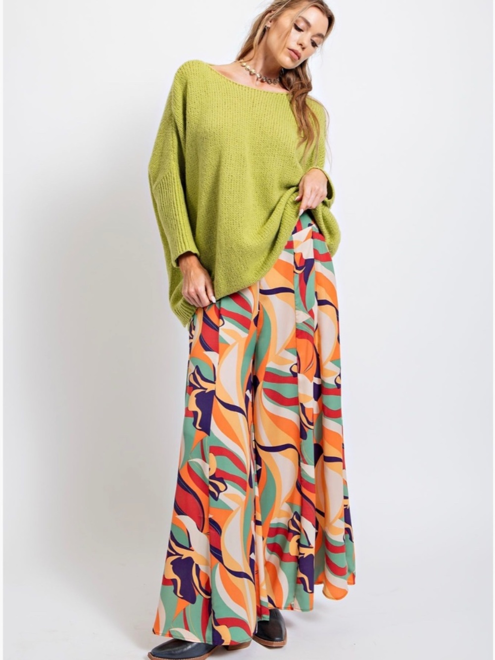 EASEL Multicolor Abstract Wide-Leg Palazzo Pants-Limited Sizes -3-1X-2-2X-SAGE